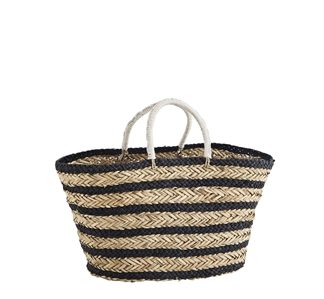 - 2022 - Lækker strandtaske fra Madam Stoltz i flettet søgræs og bomuld med natur/sort striber