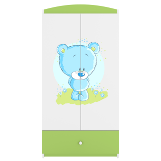 Babydreams garderobeskab til børn med blå bamse , m. 2 låger, 1 skuffe - hvid og grøn laminat