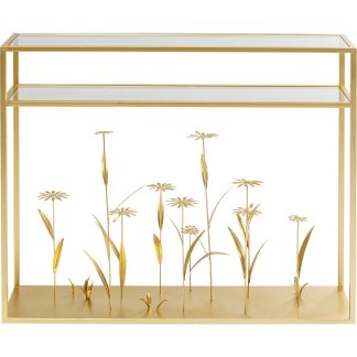 KARE DESIGN rektangulær Flower Meadow Gold konsolbord, m. hylde - klar glas og guld stål (100x25)