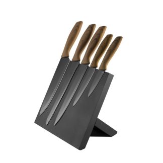 PLATINET Knivsæt med 5 knive & Bambus håndtag - med magnetisk holder - Sort