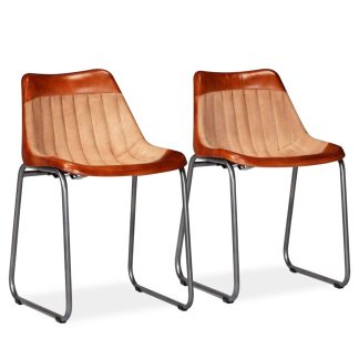 Spisebordsstole 2 stk. ægte læder og kanvas brun og beige