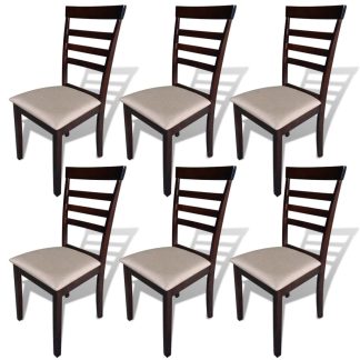 Spisebordsstole 6 stk. massivt træ og stof brun og cremefarvet