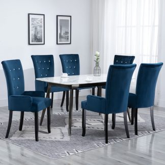 Spisebordsstole med armlæn 6 stk. fløjl mørkeblå