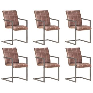 Spisebordsstole med cantilever 6 stk. ægte læder rustikbrun
