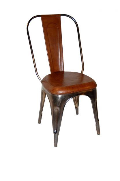 TRADEMARK LIVING spisebordsstol - ægte brunt læder og shiny jernstel