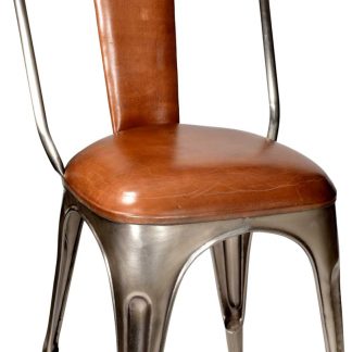 TRADEMARK LIVING spisebordsstol - ægte brunt læder og shiny jernstel, polstret