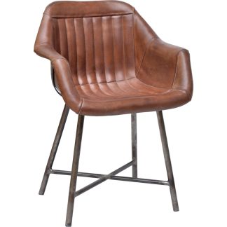TRADEMARK LIVING spisebordsstol, m. armlæn - brunt læder og jern m. klar lak