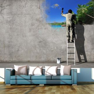 ARTGEIST Fototapet med motiv af tropisk vægmaleri og mand på stige (flere størrelser) 150x105