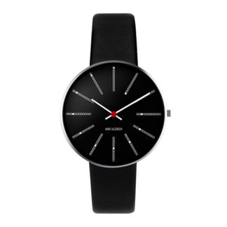 Arne Jacobsen Bankers Watch armbåndsur, Sort skive ø 34 mm med sort læderrem