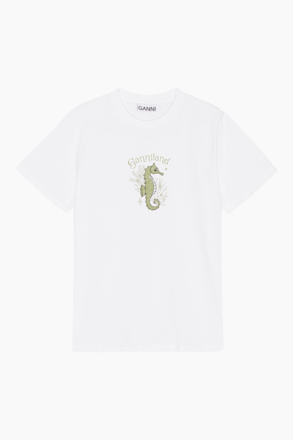 Basic Jersey Green Seahorse Relaxed T-shirt T3635 - Bright White - GANNI - Hvid S