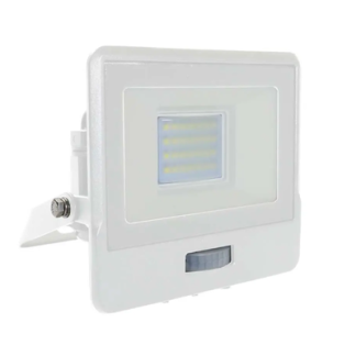 V-Tac 20W LED projektør med sensor - SMD, Samsung LED chip - Dæmpbar : Ikke dæmpbar, Farve på hus : Hvid, Kulør : Varm