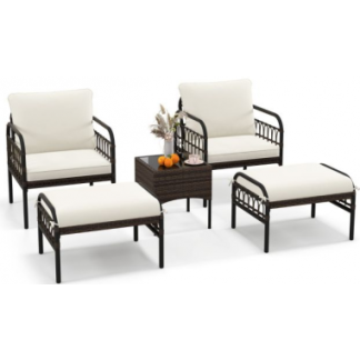 Loungesæt med 2 stole, 2 skamler og 1 bord i polyrattan og polyester - Mørkebrun/Beige