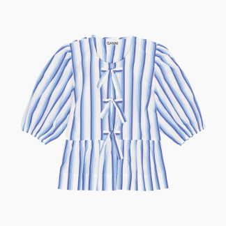 Stripe Cotton Peplum Puff Sleeve Blouse F9184 - Silver Lake Blue - GANNI - Stribet S