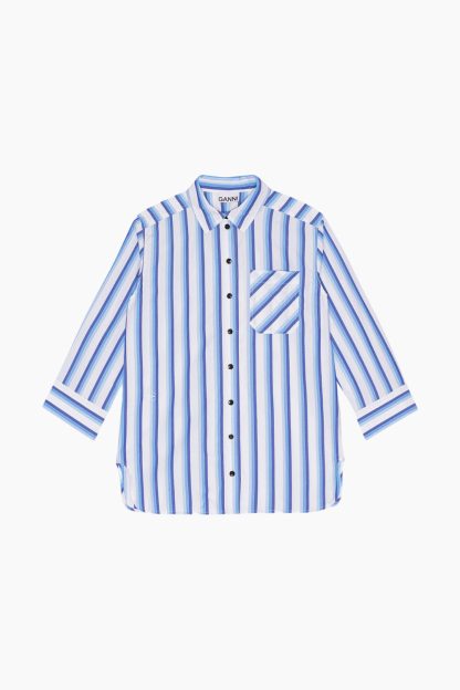 Stripe Cotton Shirt F9153 - Silver Lake Blue - GANNI - Stribet S