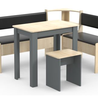 VCM NORDIC Esal Mini hjørnebænksæt, m. 1 bord, 2 bænke, 1 taburet - natur og antracitgrå træ